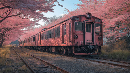Obraz premium A wide shot of an old train engulfed in cherry blossoms during spring, the contrast between decay and renewal creating an emotional impact