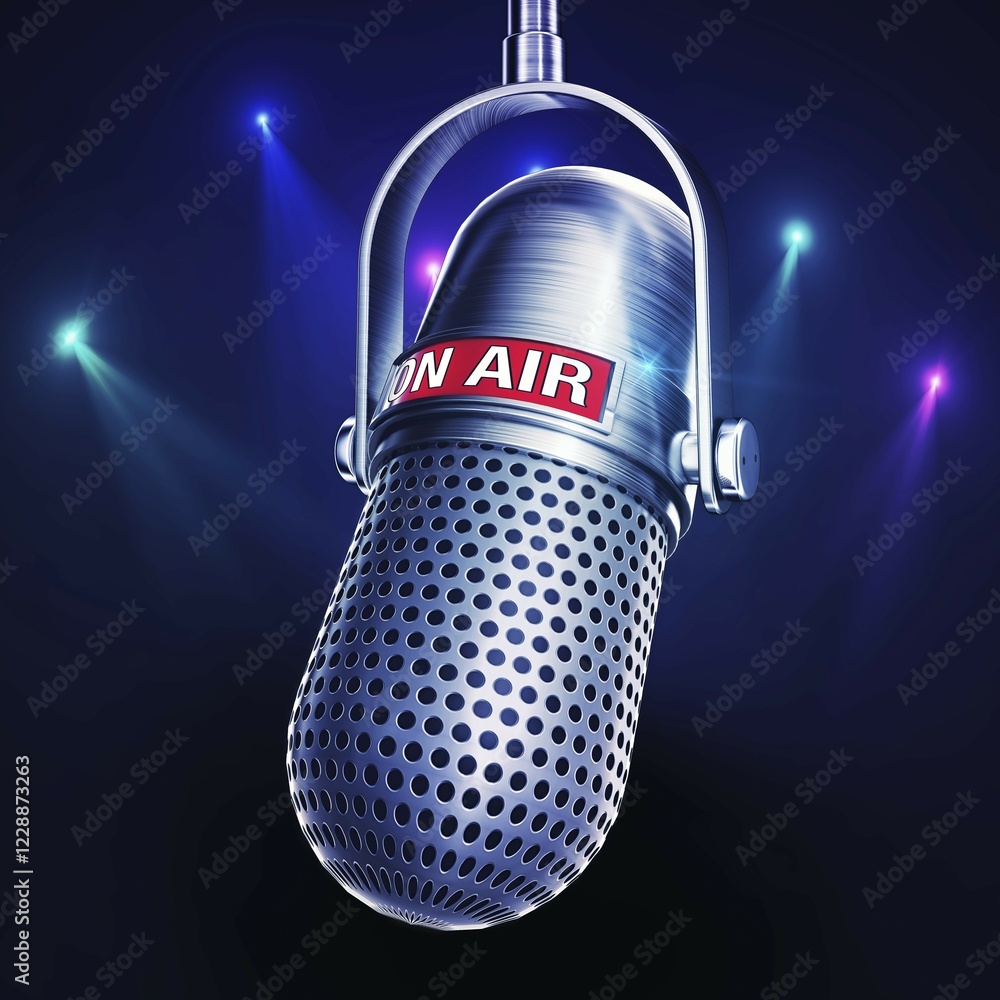 Poster 3d rendering of a microphone with a on air icon