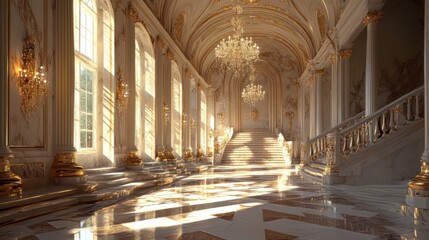 Fototapeta premium Sunlit Palace Hallway Grand Staircase Interior Design
