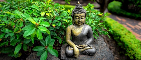 Obraz premium Serene Buddha Statue in Lush Garden Meditation Peace Tranquility