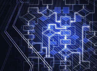 Abstract flowchart diagram. Computer program algorithm. Information technology conceptual background in blue