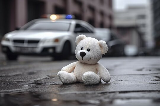 Teedy bear toy on street with police car in background. KI generiert, generiert AI generated