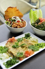 Baba Ganoush, eggplant or aubergine cream, Fattush, bread salad and tabouleh, parsley salad, Arabic mezze, appetizers in a Beirut restaurant, Beirut, Lebanon, Middle East, Asia