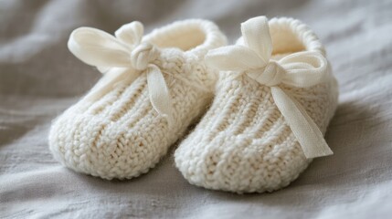 A pair of baby booties tied together with a ribbon, placed on a smooth fabric surface.