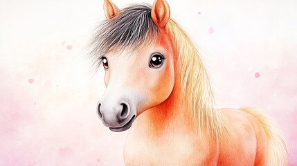 Naklejka premium Adorable Light Brown Pony Watercolor Painting Soft Pink Background