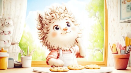 Adorable Fluffy Hedgehog Baking Cookies in a Sunny Kitchen