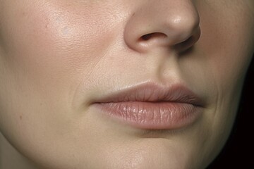 Close up of mouth of young woman with slight nasolabial folds wrinkles. KI generiert, generiert AI generated