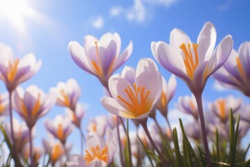 Naklejka premium Close up of violet Crocus spring flowers. KI generiert, generiert AI generated