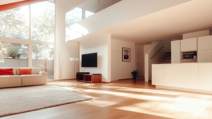Modern Minimalist Living Room Interior Design  Sunlight  Hardwood Floor