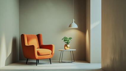 The image shows a minimalist interior space with a beige wall and floor.