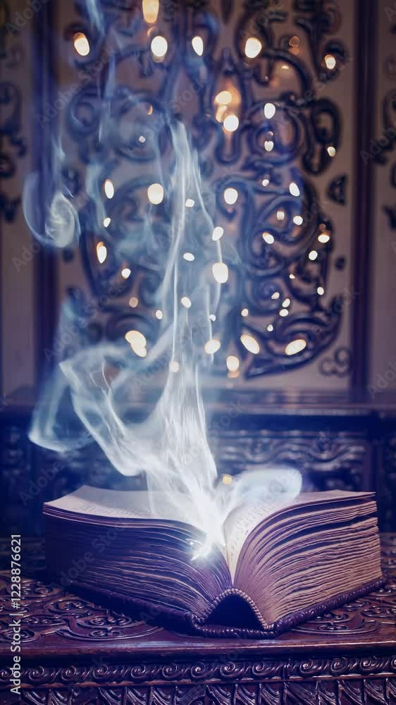 Poster A slow-motion shot of sparkling runes forming on a worn, illuminated grimoire, as pages flip in a subtle, otherworldly breeze.
