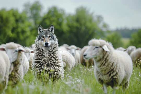 Depiction of a wolf in sheep's clothing, example of a figure of speech, metaphor, visualisation for an enemy disguised as a friend, AI generated, AI generated, AI generated