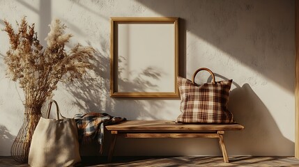 Wooden bench with pampas grass, bags, blanket & blank frame in sunlit room.