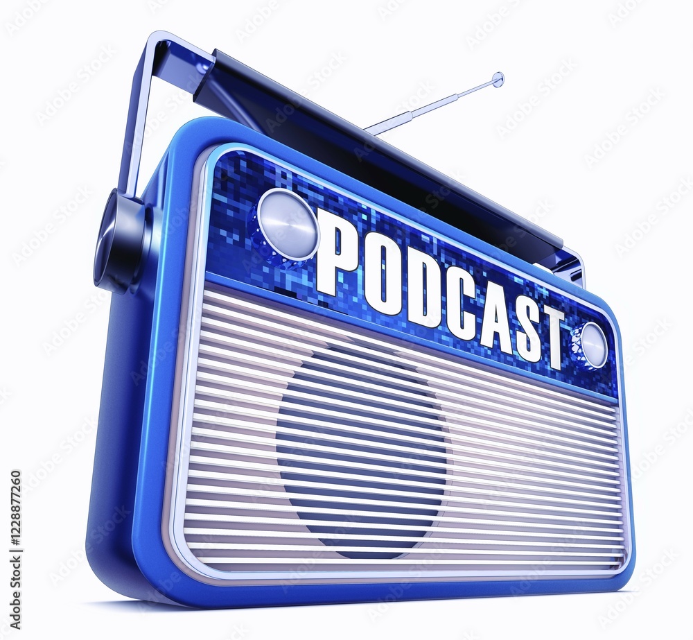Poster 3d rendering of a radio with the word blockchain