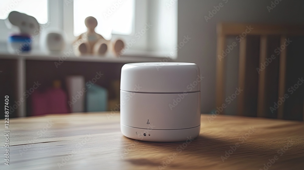 Poster a simple baby monitor placed on a wooden table, with soft, diffused light creating a calming effect.
