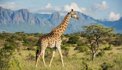 Obraz premium AI generated, animal, animals, mammal, mammals, biotope, habitat, one, individual, foraging, wildlife, giraffe (Giraffa camelopardalis), Africa, Kenya, AI generated, Africa
