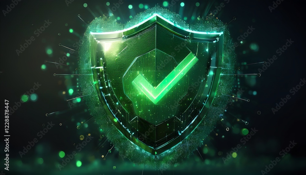 Poster a glowing green shield with a checkmark symbolizes security and trust in a digital context, featurin