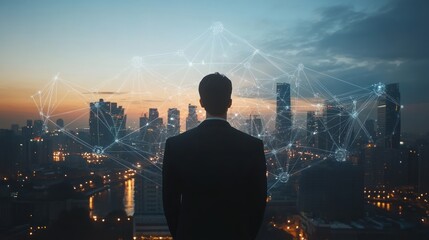 Businessman overlooking cityscape with network overlay.