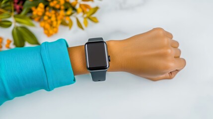 Closeup Of Smartwatch On Wrist With Teal Sleeve And Orange Flowers