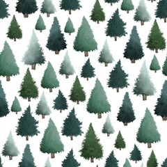 Obraz premium Green Christmas trees watercolour painting seamless pattern design illustration on white background