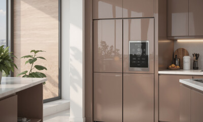 Fototapeta premium Mocha mousse-colored smart refrigerator with digital touchscreen - A smart refrigerator in mocha mousse, with a large digital touchscreen for