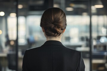 Fototapeta premium Back view of business woman in office. Generative Ai, AI generated