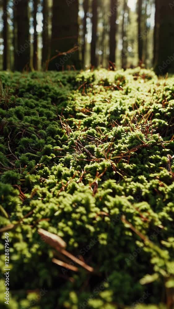 Poster a tranquil forest scene zooming in on soft moss textures, where tiny insects scuttle over the surfac