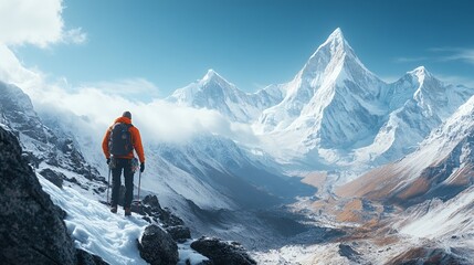 Climber Hiking Snowy Mountain Peak Valley Sunrise