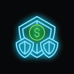 Glowing neon icon representing the concept of secure investment with shields protecting a dollar coin