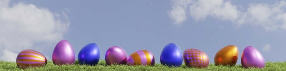 Many colorful Easter eggs in a row on a grass background using as header, Easter concept, 3d rendering