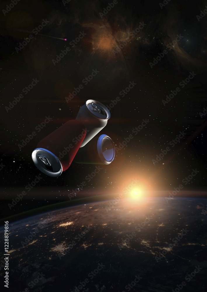 Poster garbage in space concept. soda tin cans over the dark planet earth at sunrise. a nebula appears in t