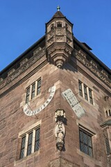 Oriel and sundials at Nassauer Haus, Romanesque tower house, Nuremberg, Middle Franconia, Bavaria, Germany, Europe
