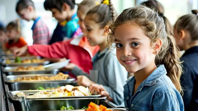 Cute elementary students at buffet line at lunchtime