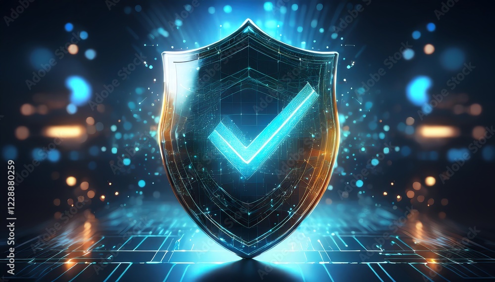 Poster a futuristic shield symbolizing security, featuring a glowing checkmark and a digital backdrop, repr
