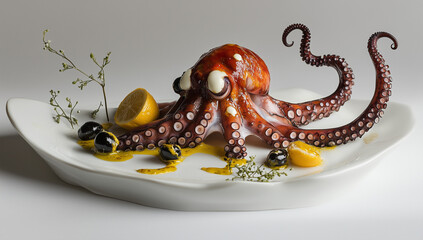 Fototapeta premium Grilled octopus with chorizo, olives, and citrus dressing