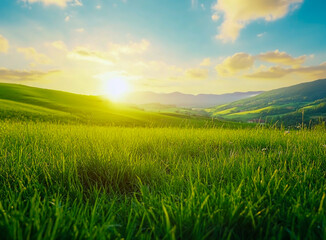 Beautiful spring landscape with green rolling hills and vibrant green meadows at sunrise or sunset,