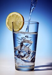 Water is poured into a glass with ice cubes and lemon slice
