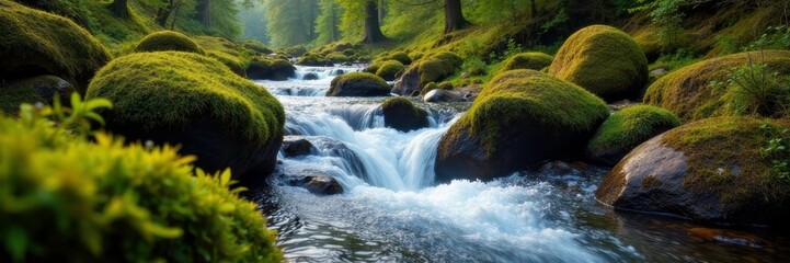 Fototapeta premium Stream winds its way through moss-covered rocks, Scotland, water, rocks
