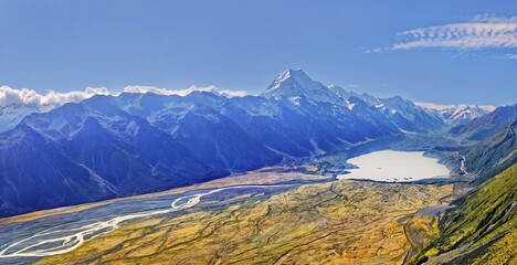 The Tasman Glacier and the peak of Mount Cook, Aoraki, Mount Cook National Park, Southern Alps,...