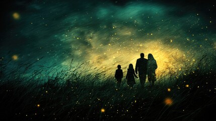 Fototapeta premium Family silhouette, night field, fireflies, hope, fantasy, family photo