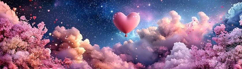 Dreamy Surreal Valentine&rsquo;s Scene with Heart Balloon Floating in a Colorful Cloudy Sky at Night
