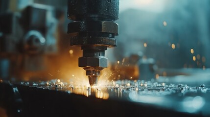 Close-up of industrial metal cutting with sparks.