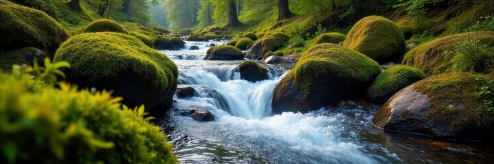 Fototapeta premium Stream winds its way through moss-covered rocks, Scotland, water, rocks