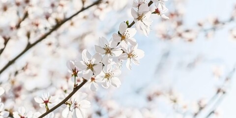 Obraz premium Serene Springtime Blossoms on Delicate Tree Branches Against Soft Blue Sky