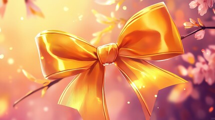 Golden Bow on Branch: A radiant, golden bow, tied with meticulous care, adorns a delicate branch amidst a flurry of falling petals, creating a whimsical and enchanting scene.