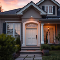 Dream House Exterior at Sunset: Elegant Home Design, Beautiful Landscape, and Warm Evening Lighting