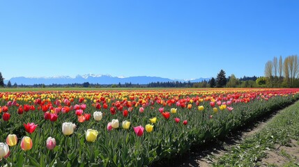 Obraz premium A vibrant spring field filled with tulips of various colors, stretching to the horizon under a clear blue sky. Natural beauty and joy.