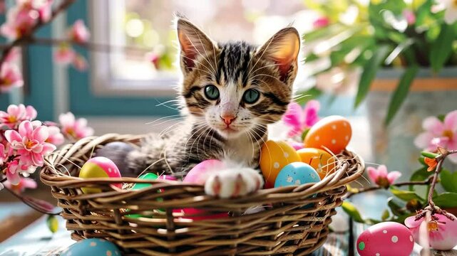 Cute cat in easter basket. Spring mood. Spring flowers.