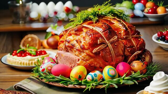 Easter dinner on table in the garden.