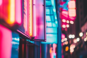 Vibrant Neon Signs on Urban Street at Night with Soft Bokeh